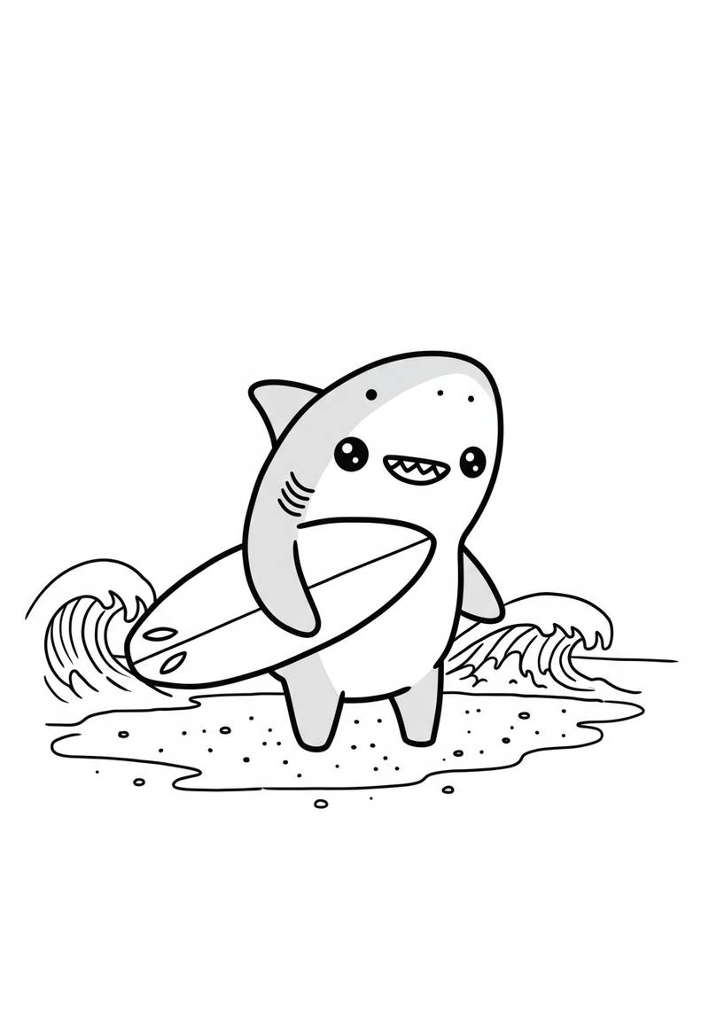 Página para colorear de un tiburón de dibujos animados amigable sosteniendo una tabla de surf en la playa.